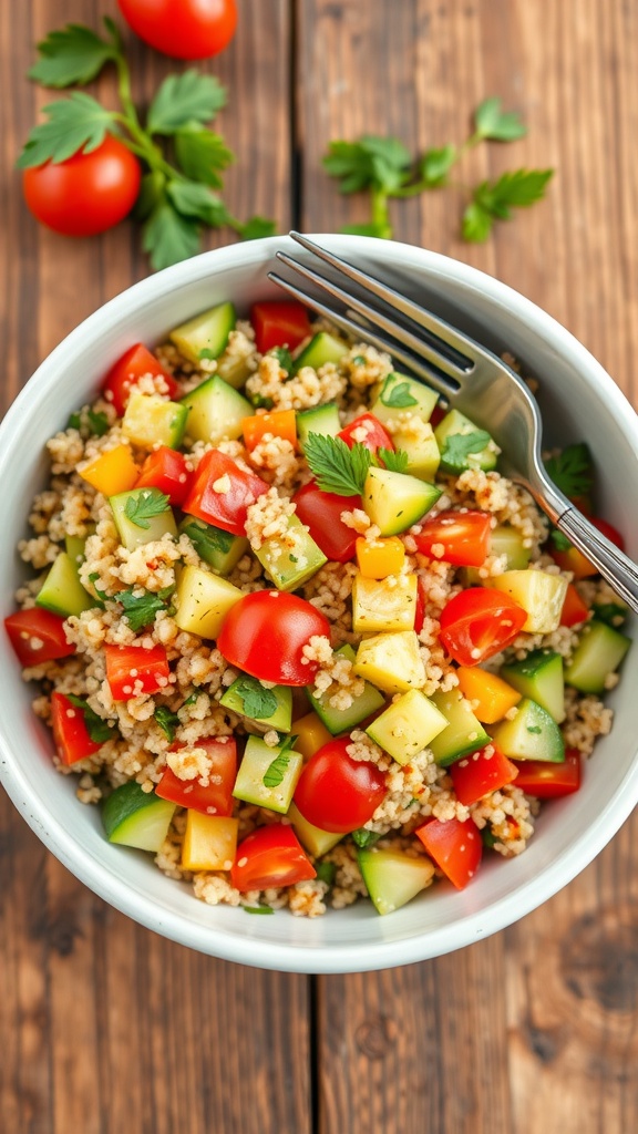 Healthy Quinoa Salad for Lunch Under 300 Calories A vibrant quinoa salad with cucumbers, tomatoes, and bell peppers in a bowl, garnished with parsley on a wooden table.